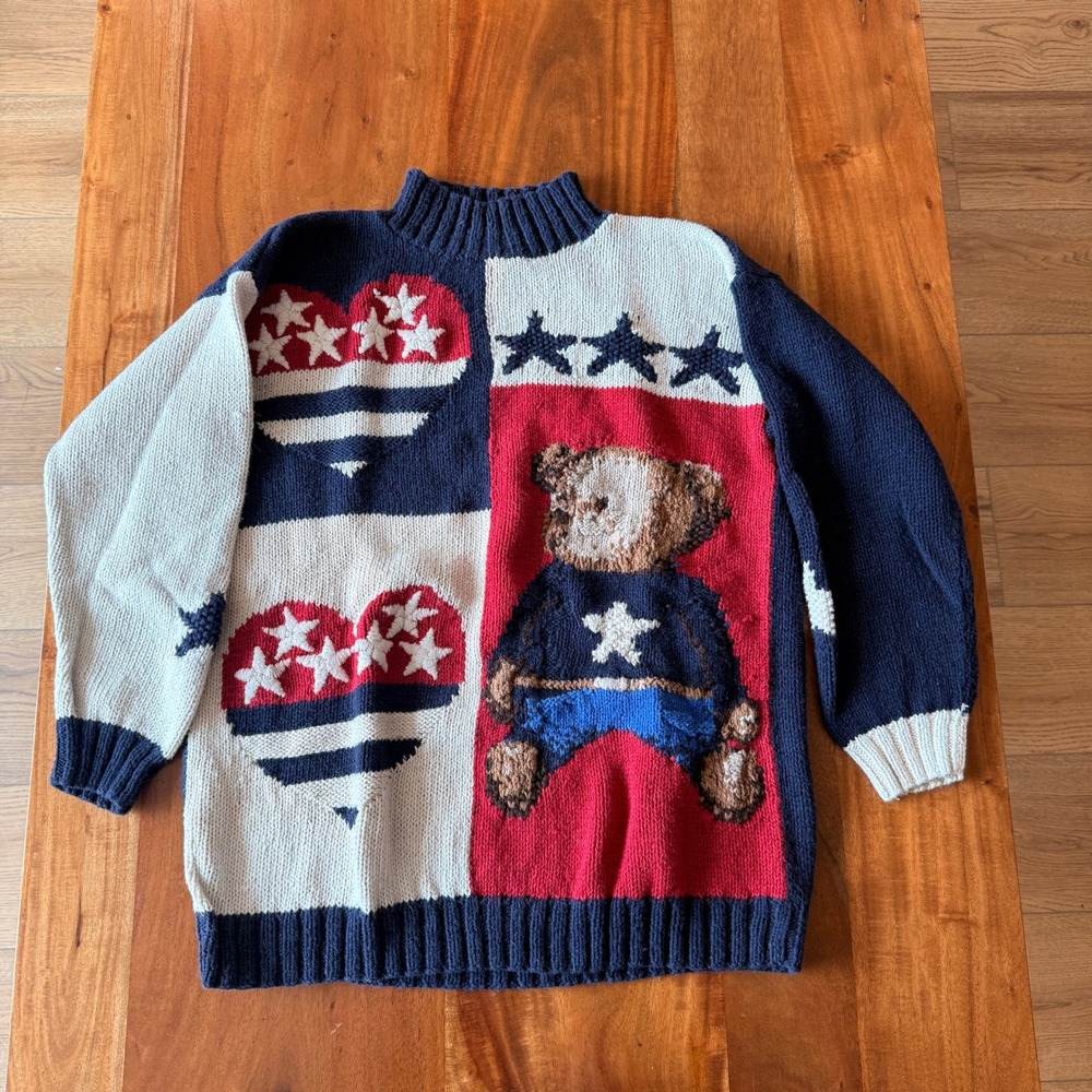 Marisa Christina Women's Vintage Handknit Patriotic Teddy Bear Sweater Size S
